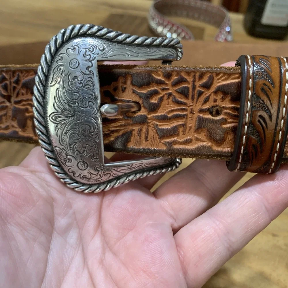 Western Hand Tooled Leather Belt Deer Antler Mountain Theme Buckle 41-48